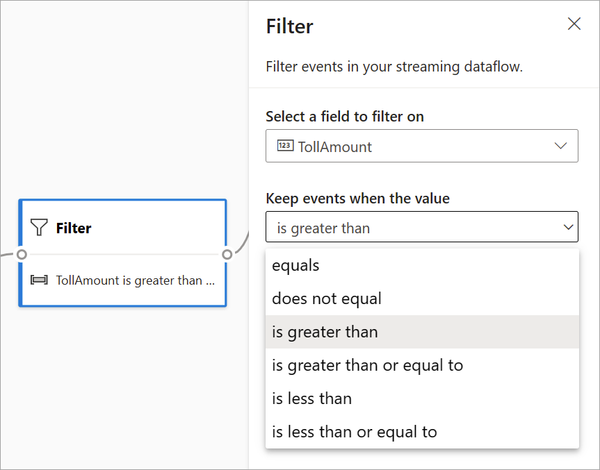 Capture d’écran des champs d’entrée de filtre en streaming utilisés pour configurer l’exemple de conteneur.