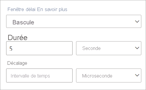 Capture d’écran montrant les paramètres de durée et de décalage d’une fenêtre de temps bascule.