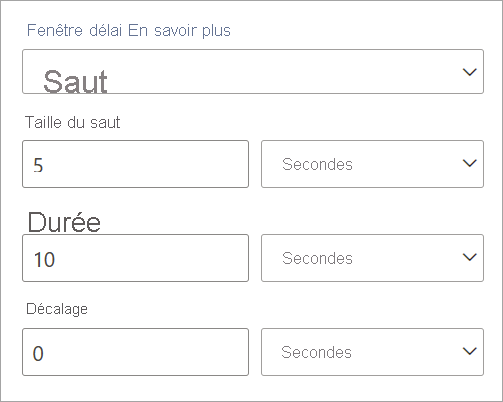 Capture d’écran montrant les paramètres de taille de saut, de durée et de décalage d’une fenêtre de temps récurrente.