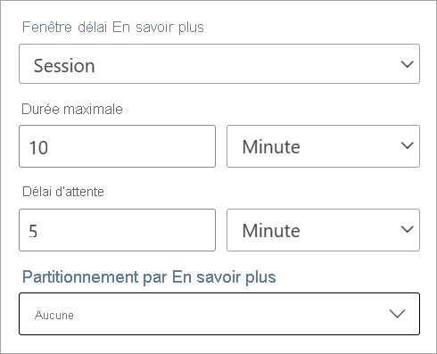 Capture d’écran montrant les paramètres de durée, de délai d’attente et de partition d’une fenêtre de temps de session.