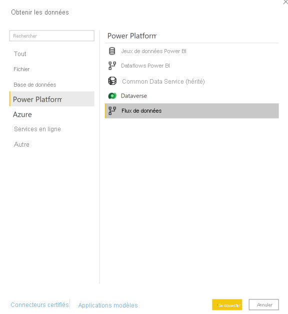 Capture d’écran de la fenêtre Obtenir des données. Power Platform est sélectionné dans le volet de navigation et Flux de données est mis en surbrillance dans le volet principal.