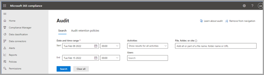 Capture d’écran de la section audit du centre d’administration Microsoft 365.