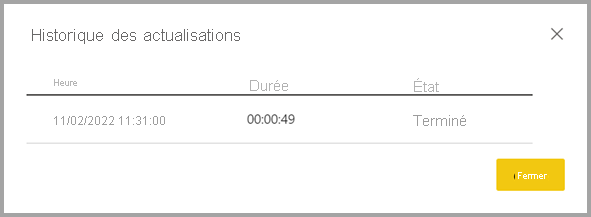 Capture d’écran de la fenêtre d’historique d’actualisation du datamart.