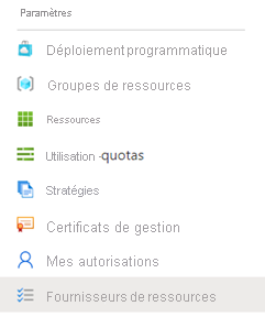 Capture d’écran des options de menu des paramètres, Fournisseurs de ressources étant sélectionné.