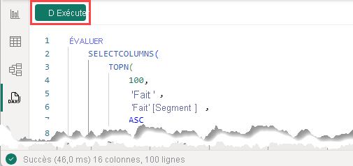 Capture d’écran de la barre de commandes de le vue de requête DAX.