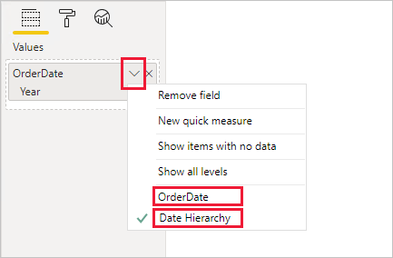 Capture d’écran d’exemple de configuration de champ visuel pour la hiérarchie OrderDate.