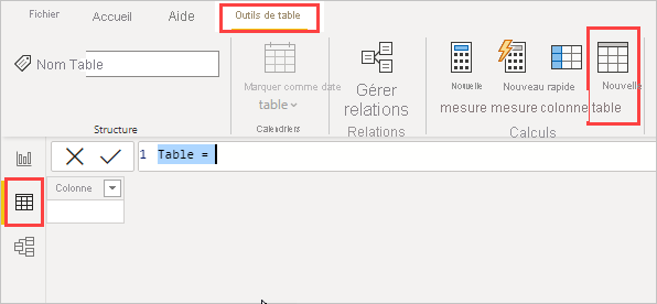 Capture d’écran du ruban du menu Power BI Desktop avec Outils de table, Nouvelle table et Vue Données en évidence.