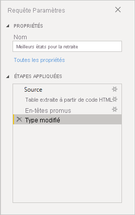 Capture d’écran de Power BI Desktop montrant Paramètres d’une requête dans le volet droit.