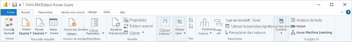 Capture d’écran de Power BI Desktop montrant le ruban de requête de l’Éditeur Power Query.