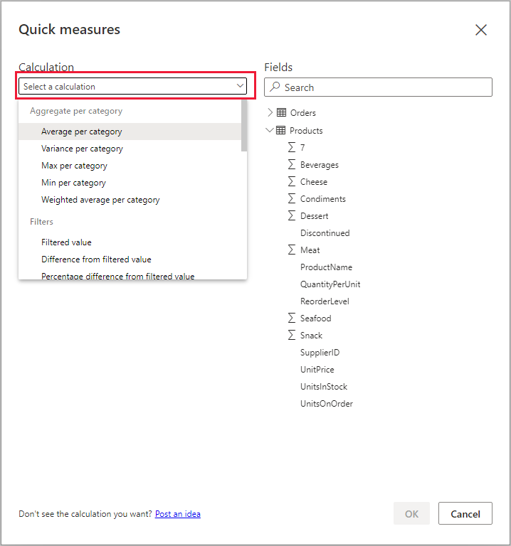 Capture d’écran de l’écran Mesures rapides et du menu déroulant Sélectionner un calcul.