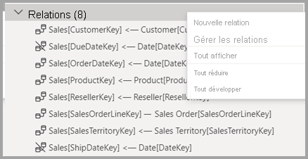 Capture d’écran de la zone Relations dans l’Explorateur de modèles.