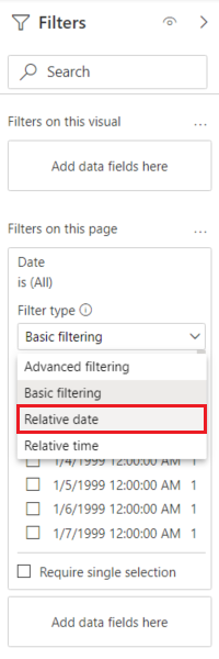 Capture d’écran montrant l’option Date relative mise en évidence dans la liste déroulante Type de filtre.