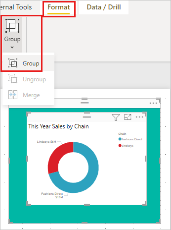 Capture d’écran montrant le visuel et la forme avec le menu contextuel ouvert et l’option de groupe sélectionnée.