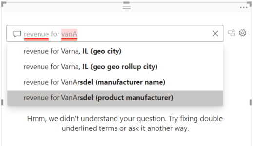 Capture d’écran du champ question Q&A avec des mots non reconnus soulignés en rouge et des questions suggérées de Power BI.