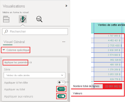 Capture d’écran montrant comment définir les options Appliquer les paramètres pour utiliser les changements de mise en forme sur l’en-tête de colonne, la ligne de total et toutes les valeurs.