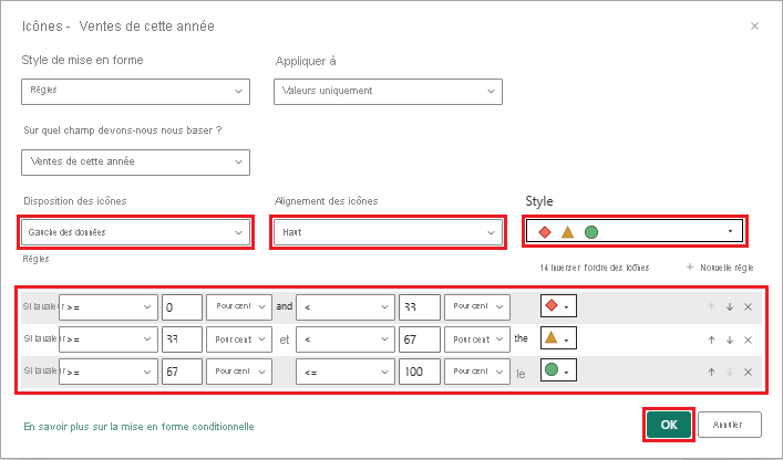 Capture d’écran montrant comment configurer les icônes pour une colonne de table sélectionnée.