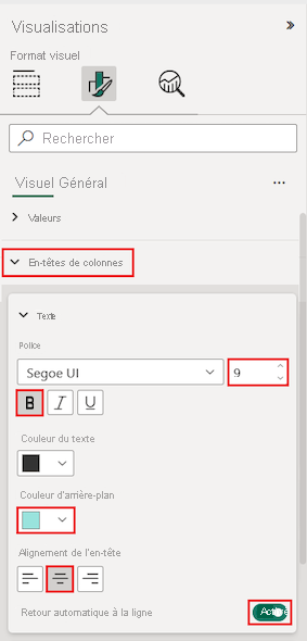 Capture d’écran montrant les options d’en-tête de colonne dans la section Format du volet Visualisations.