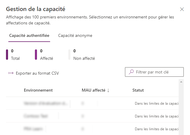 Une capture d’écran du volet de gestion de la capacité héritée.