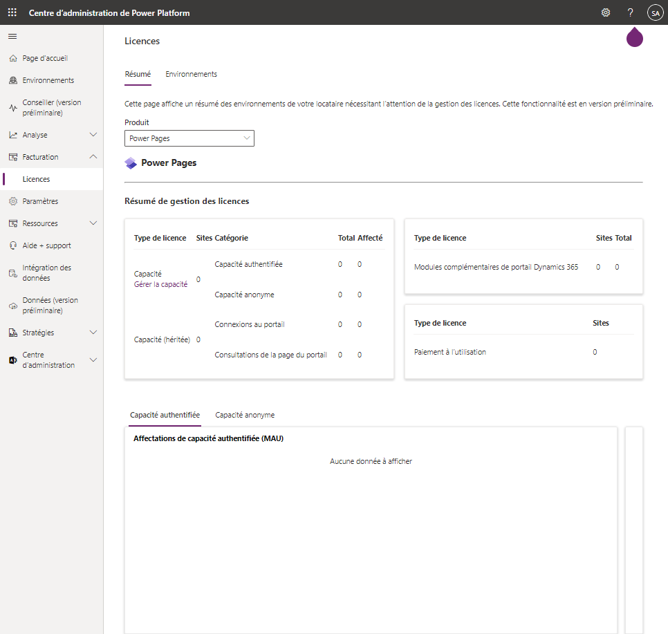 Une capture d’écran de la vue récapitulative des licences au niveau du locataire dans le centre d’administration de Power Platform.