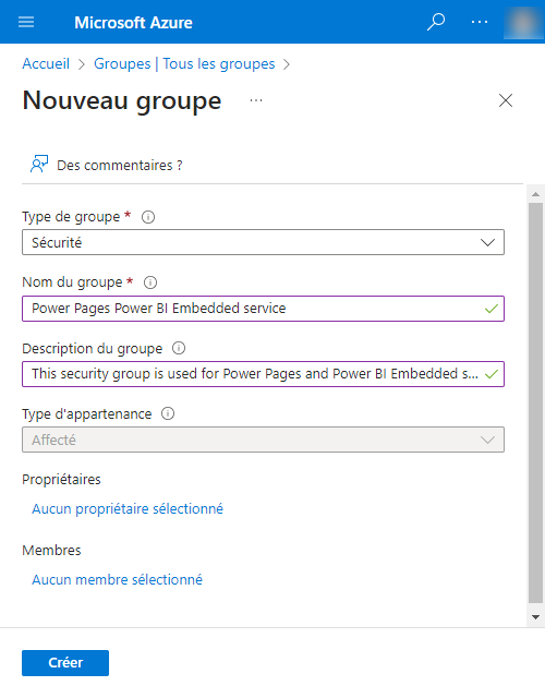 Créer un groupe de sécurité pour le service Power BI Embedded.