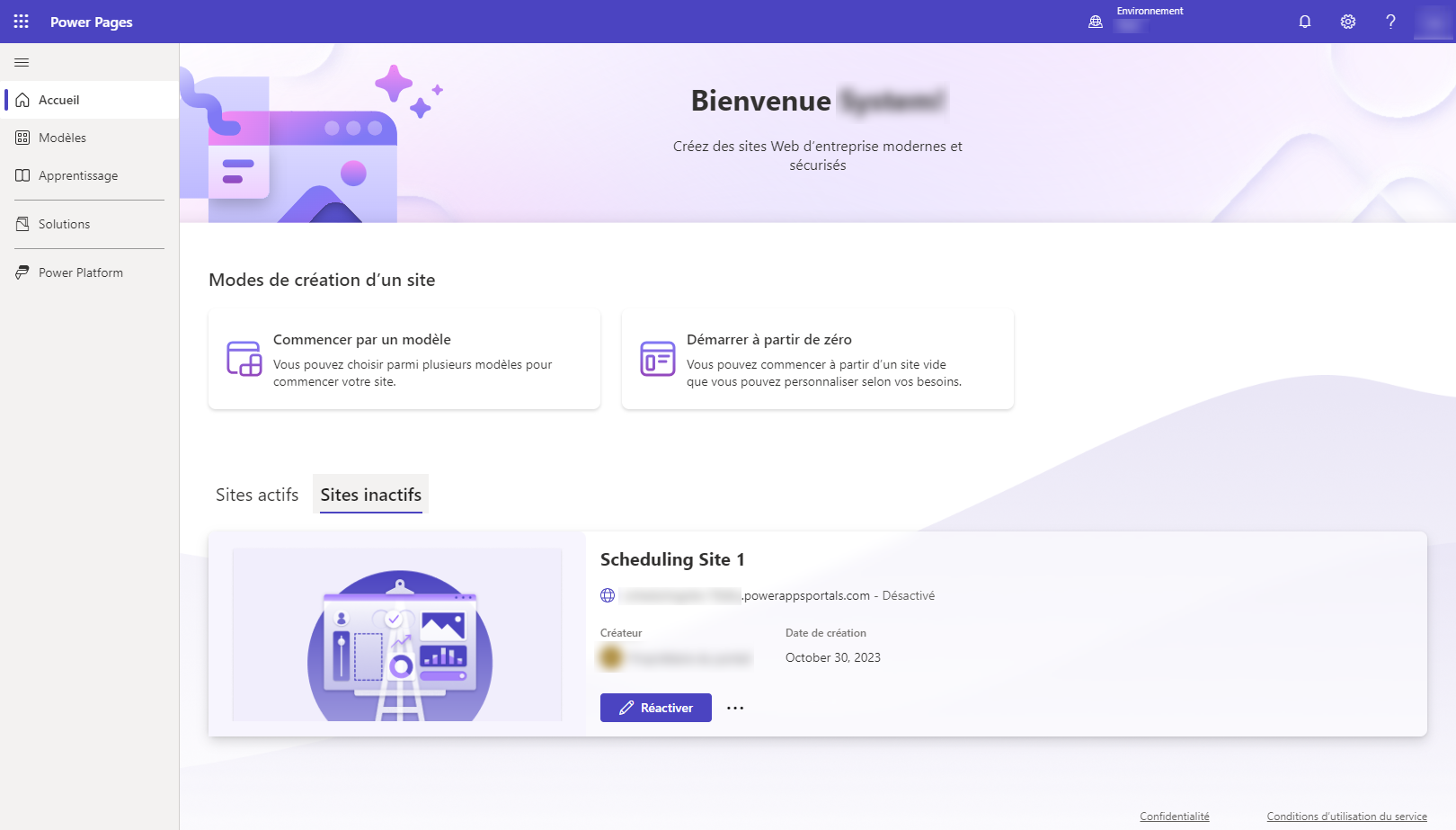Capture d’écran montrant le bouton Réactiver dans la section Sites inactifs de la page d’accueil Power Pages.