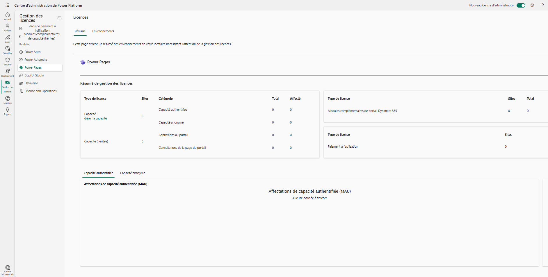 Capture d’écran de la vue des licences dans la page Licences dans le nouveau Power Platform Centre d’administration.