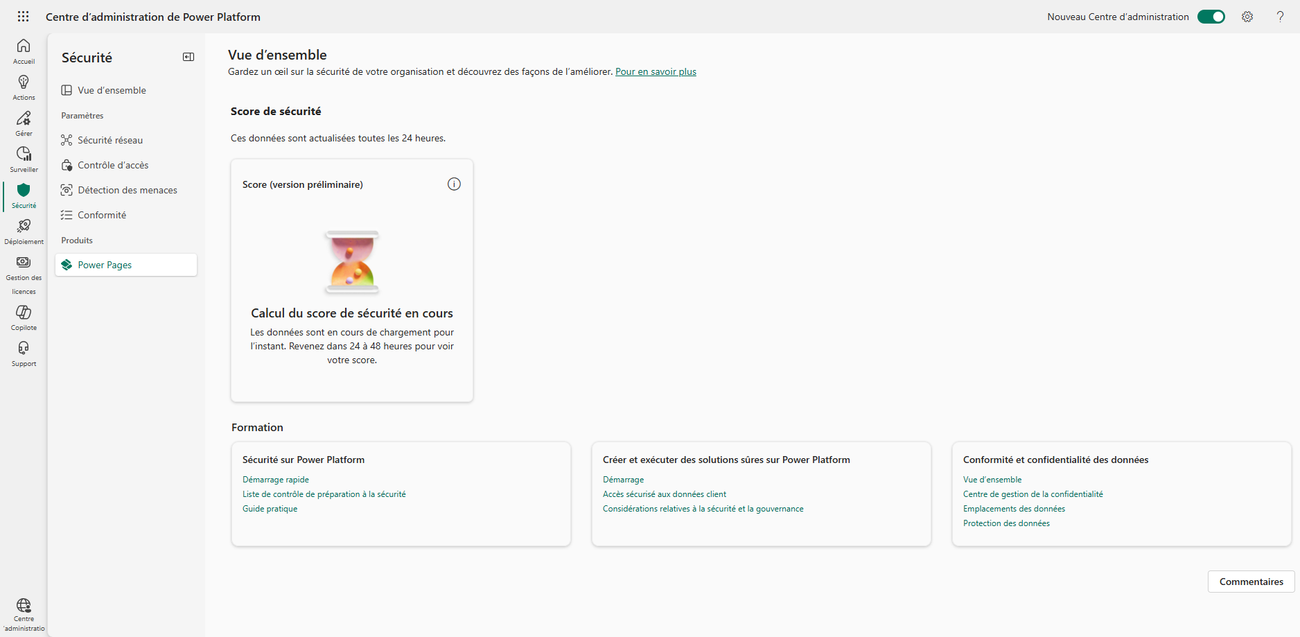 Capture d’écran du tableau de bord de sécurité dans la page Sécurité dans le nouveau Power Platform Centre d’administration.