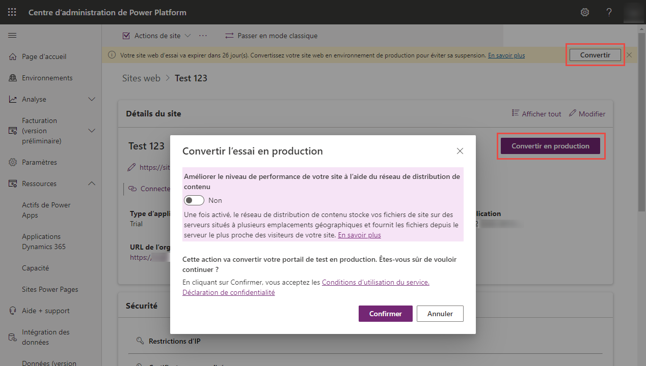 Confirmation de la conversion de la version d’évaluation en version de production.