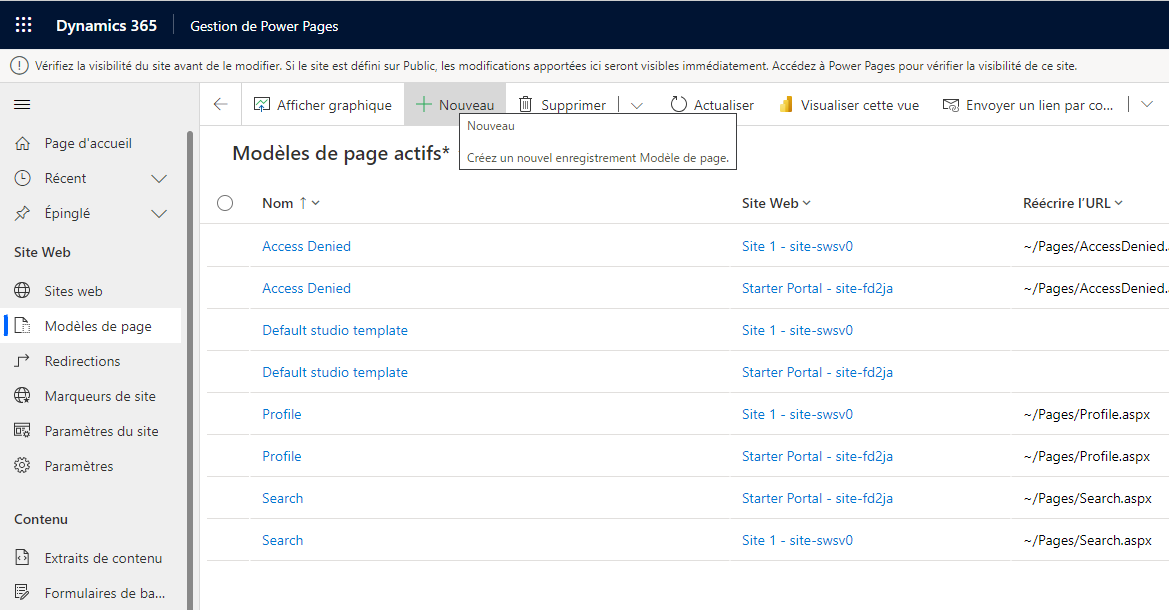 L’option de menu +Nouveau de la page Modèles de page actifs dans l’application Gestion du portail.