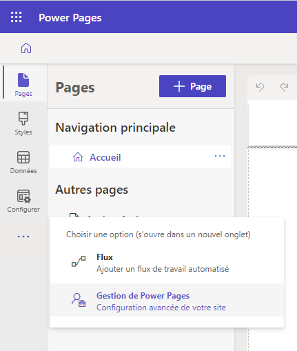 La sélection des points de suspension vous dirige vers un menu dans lequel vous pouvez choisir l’application Gestion du portail.