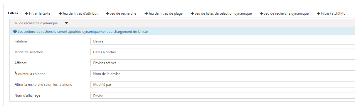 Paramètres de recherche dynamique.