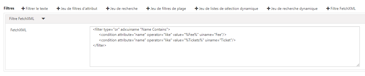 FetchXML paramètres de filtre.