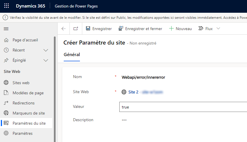 Activer le paramètre de site d’erreur interne de l’API Web. 