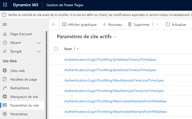 Ouvrez les paramètres du site dans l’application Gestion du portail.