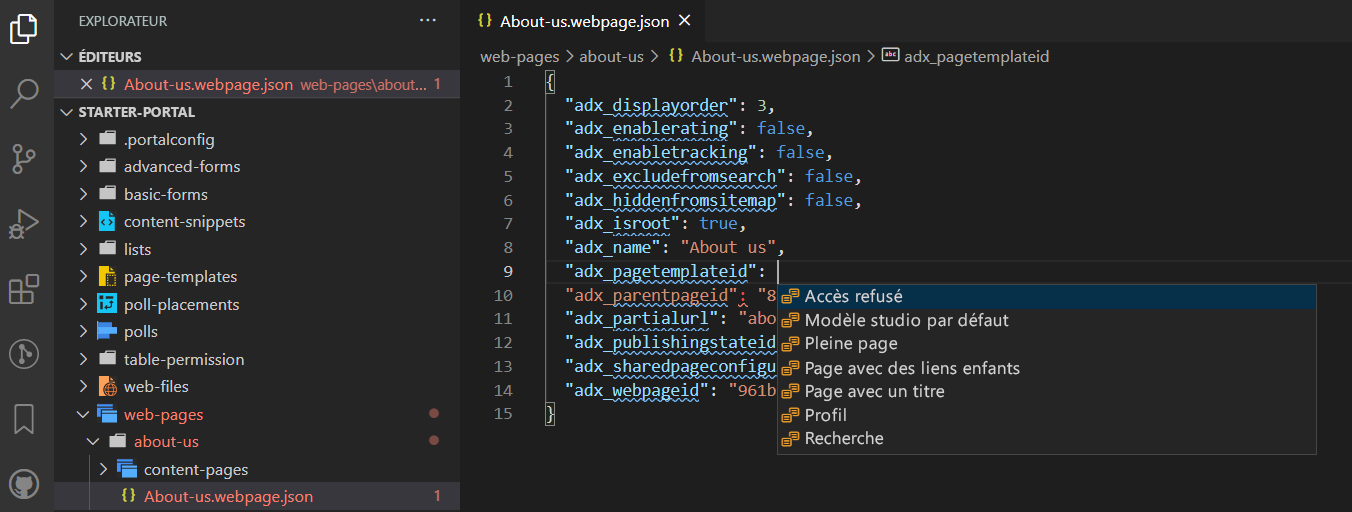 Capture d’écran avec un exemple de saisie semi-automatique pour l’ID du modèle de page.