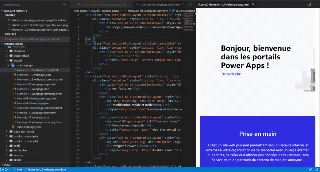 Capture d’écran montrant la liste de fichiers, un fichier ouvert dans l’éditeur Visual Studio Code et un aperçu sur le côté droit.