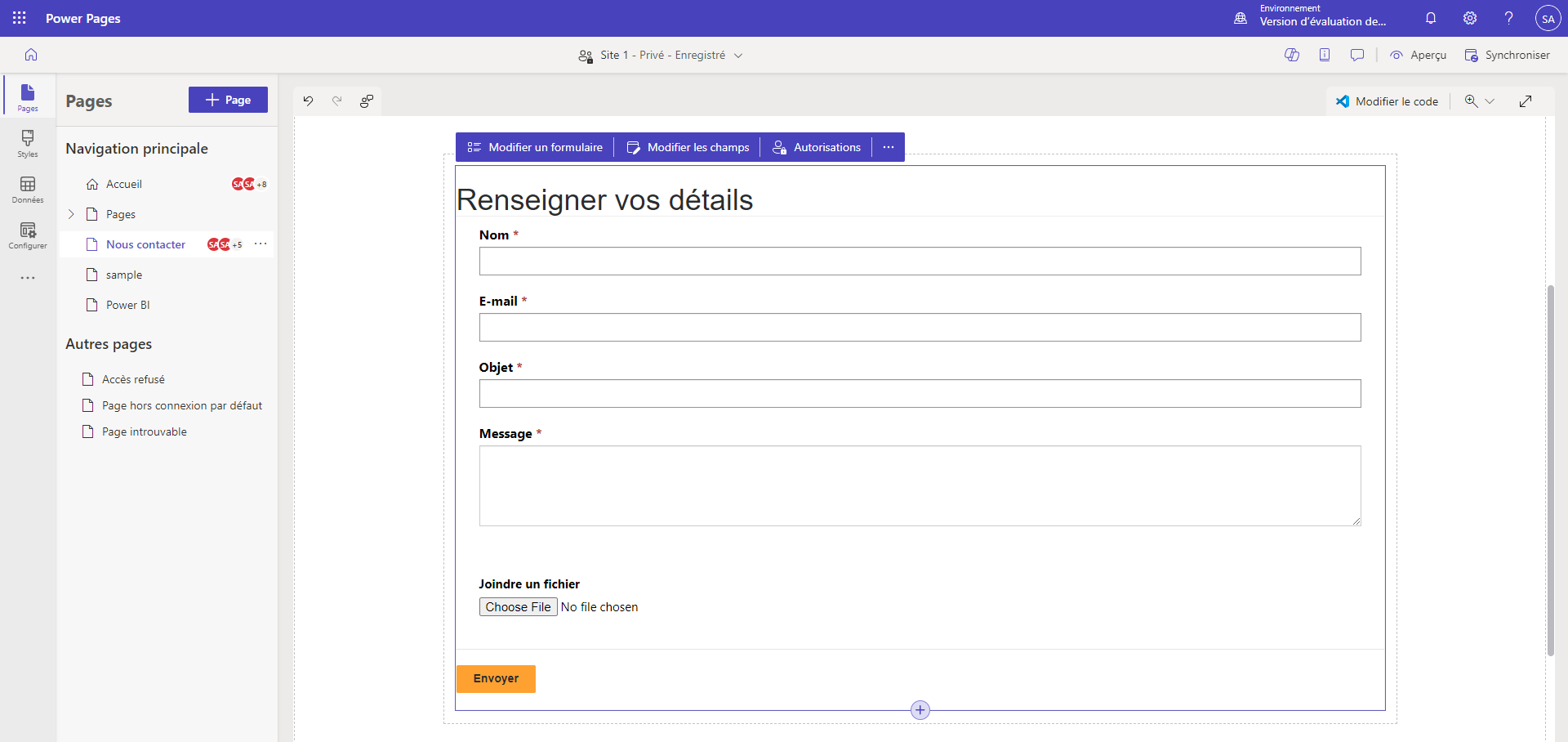 Formulaire avec option de pièce jointe activée.