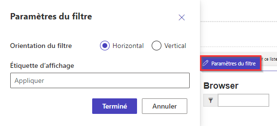 Options du menu Paramètres de filtre dans le studio de conception avec le bouton d’orientation verticale du filtre sélectionné.