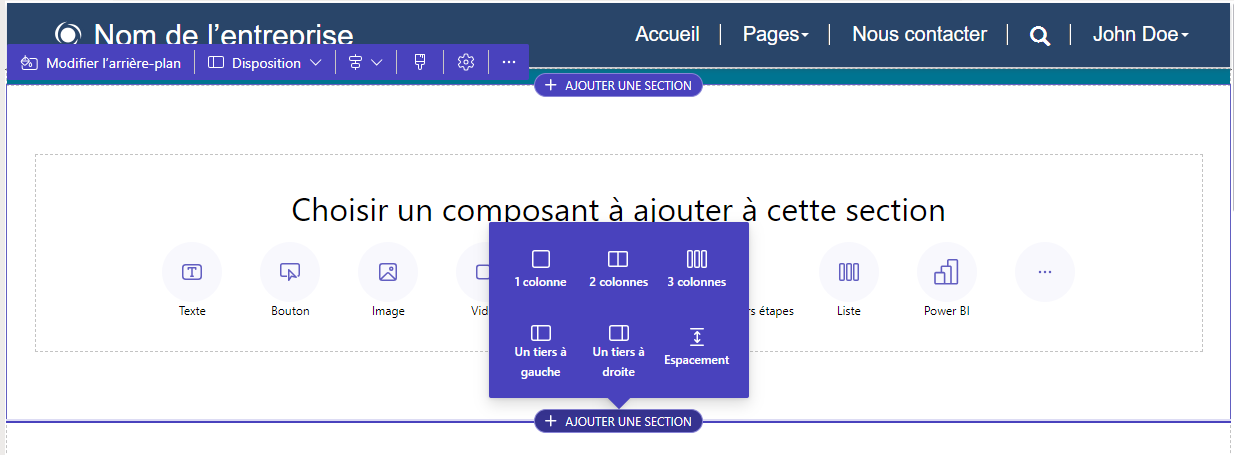 Six options de disposition de section.