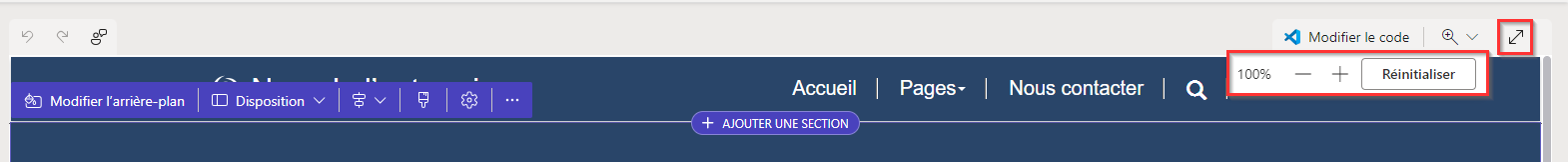 Commandes pour les options de modification immersives, y compris le zoom avant, le zoom arrière et la réinitialisation.