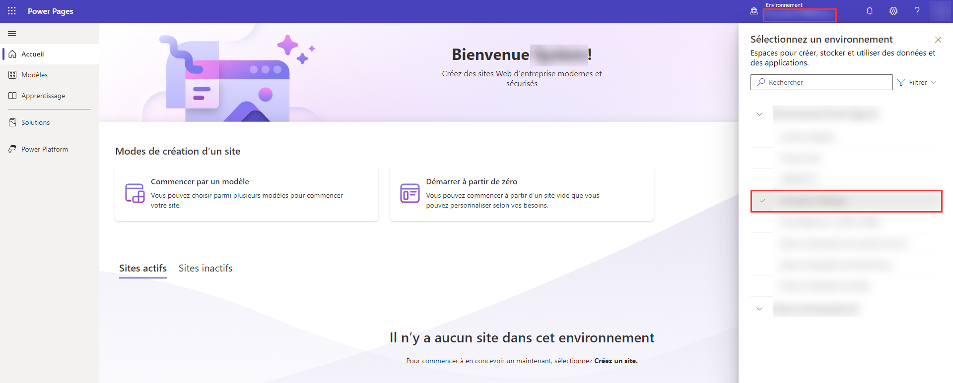 Sélection d’un environnement Microsoft Dataverse.