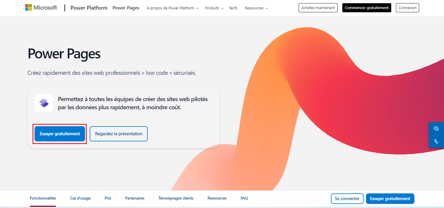 La page d’accueil de Microsoft Power Pages avec le bouton Essayer gratuitement en surbrillance.