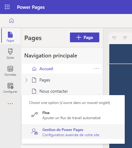 La sélection des points de suspension vous dirige vers un menu dans lequel vous pouvez choisir l’application Gestion du portail.