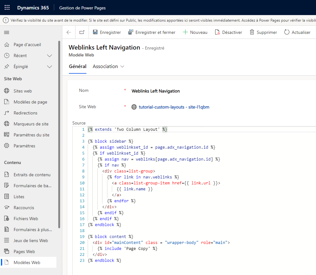 Capture d’écran d’un modèle Web personnalisé avec navigation et contenu.