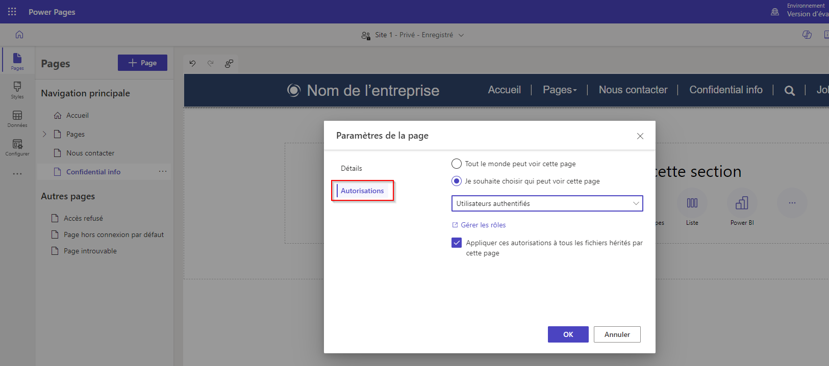 Capture d’écran des paramètres de page dans Microsoft Power Pages.