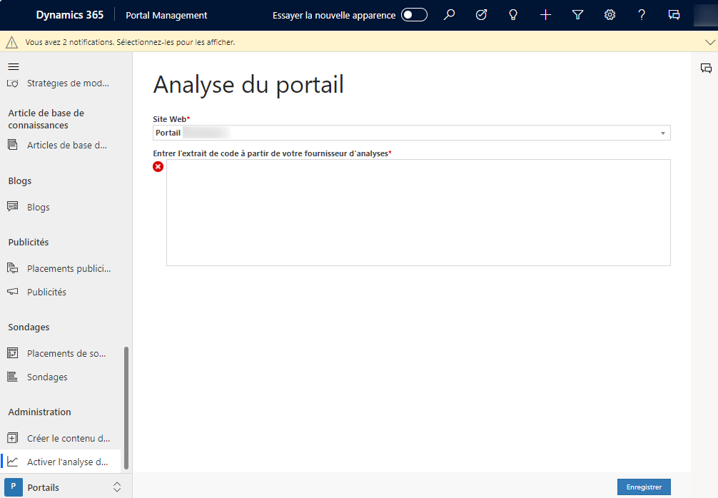 Activation de l’analyse du trafic à l’aide de l’application Gestion du portail.