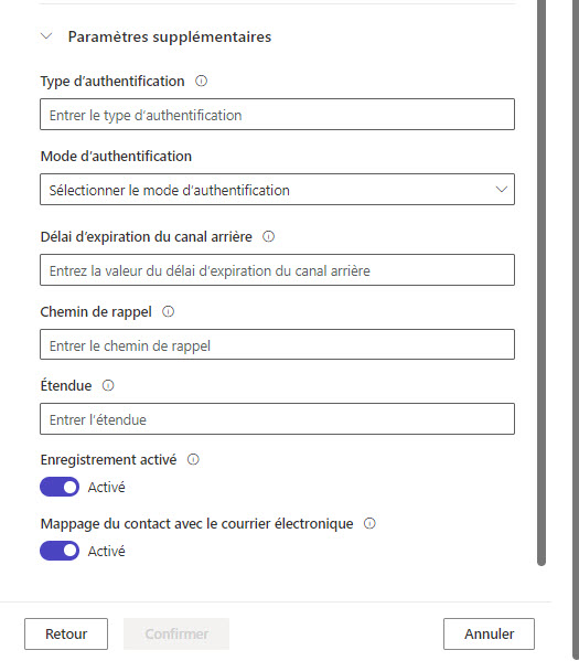 Capture d’écran des paramètres supplémentaires facultatifs pour les fournisseurs OAuth 2.0.