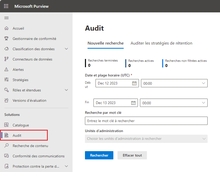 Une capture d’écran des options Nouvelle recherche pour l’audit.