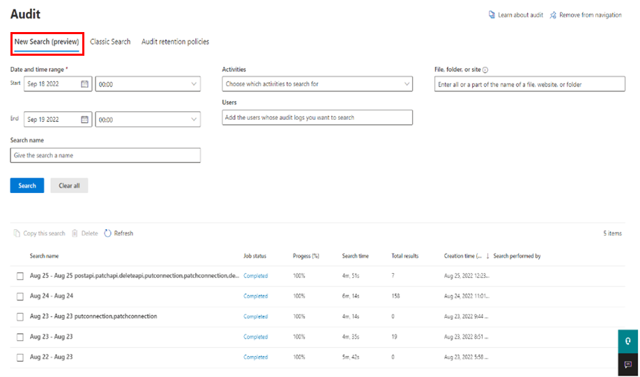 Capture d’écran de l’écran Audit dans le portail de conformité Purview. Microsoft 