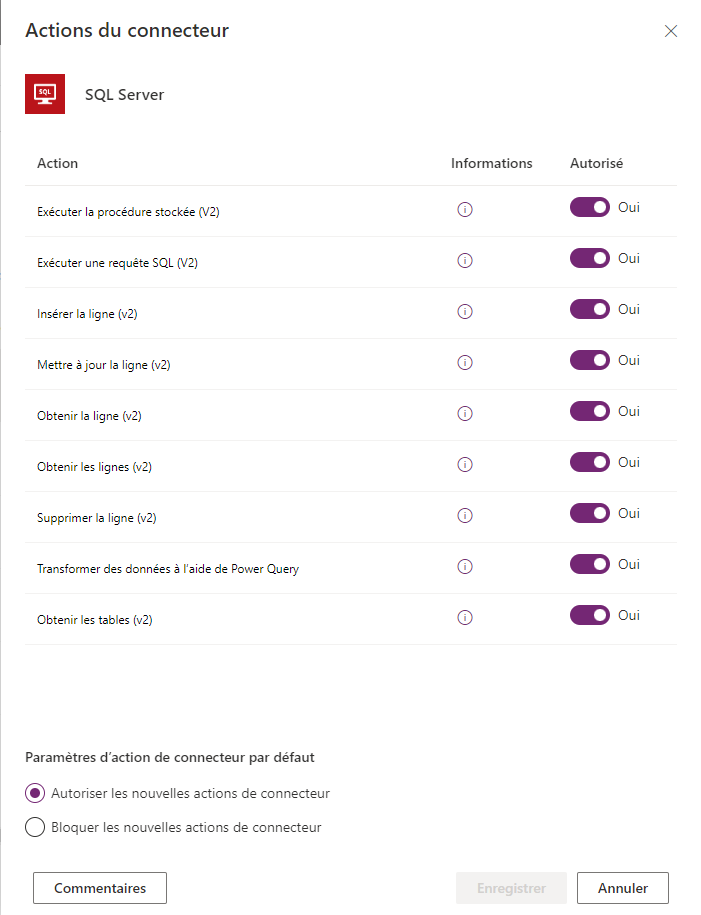 Définissez Autoriser ou Refuser pour les actions du connecteur.